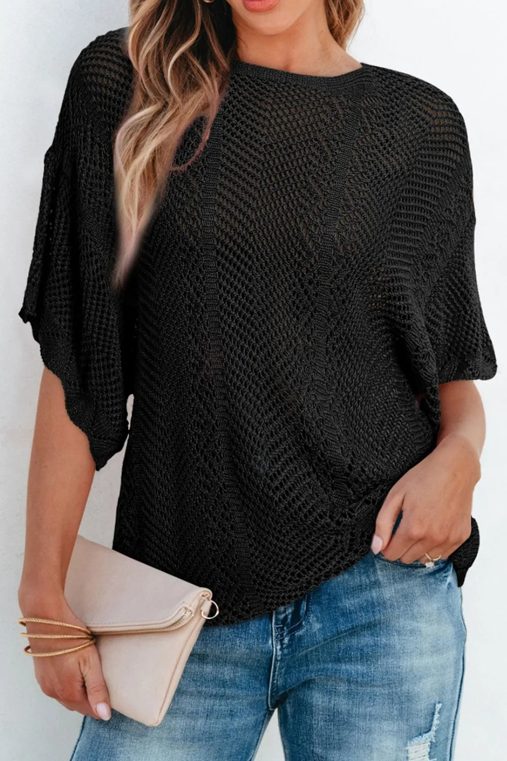 Scallop Edge Half Sleeve Pointelle Knit Top – view 8 | Lola Mariee