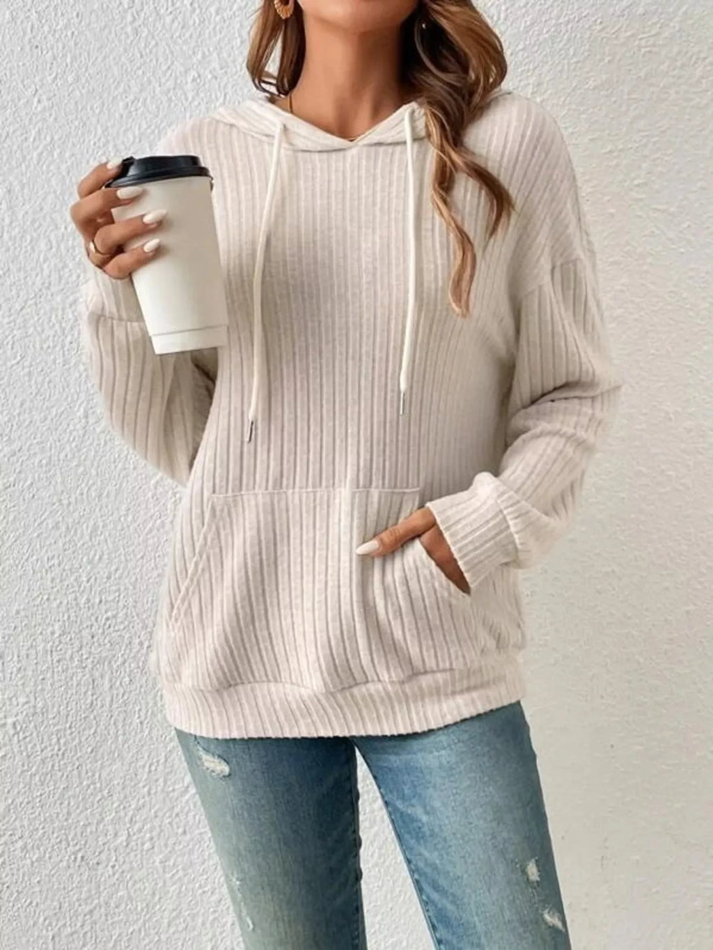 Casual Ribbed Knit Drawstring Hoodie - Trendsi | Lola Mariee