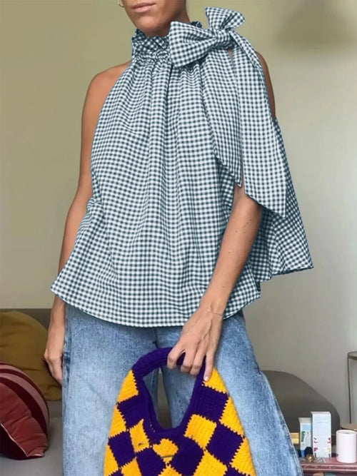 Asymmetric Gingham Bow Tie Sleeveless Top | Lola Mariee