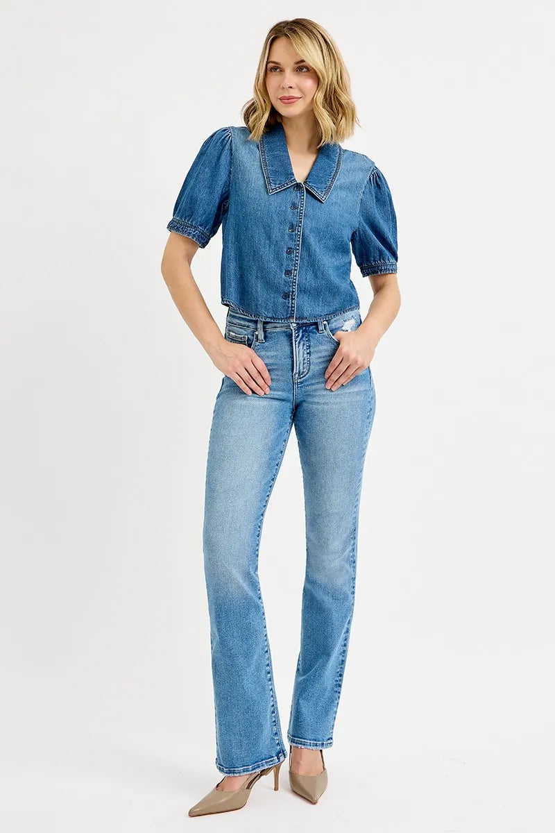 RISEN Button Down Puff Sleeve Crop Denim Shirt - LOLA MARIEE | Lola Mariee