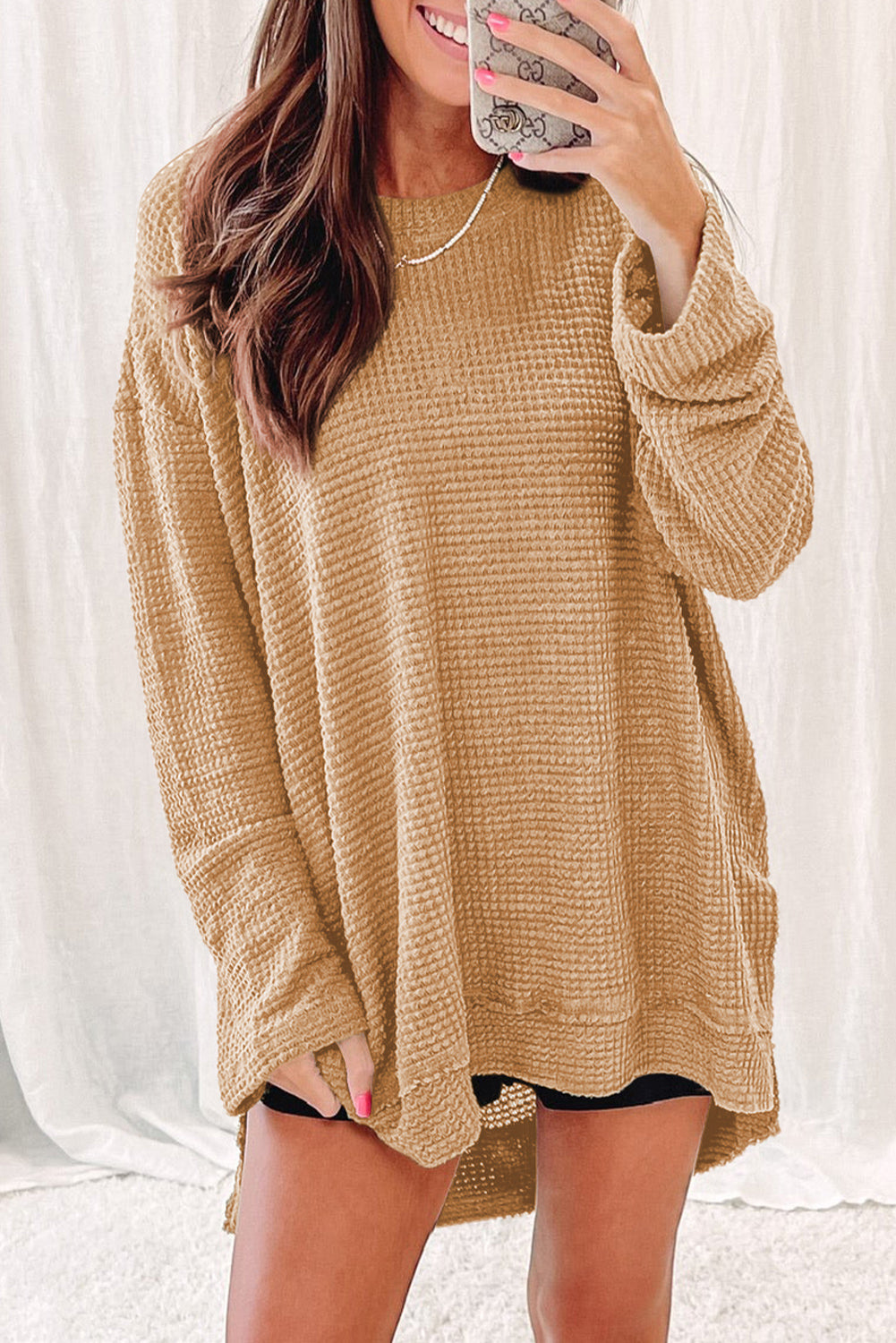 Waffle-Knit Round Neck Long Sleeve Sweatshirt - Trendsi | Lola Mariee