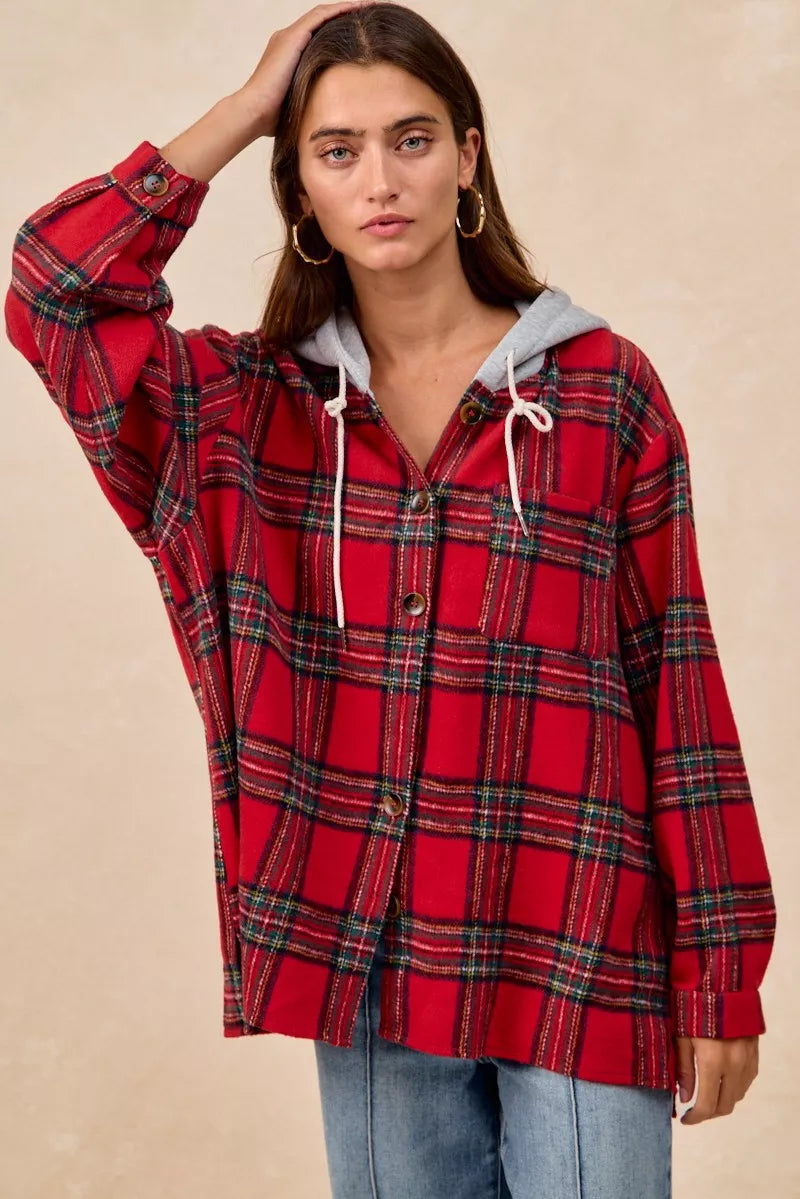 BiBi Brushed Plaid Hooded Jacket - Trendsi | Lola Mariee