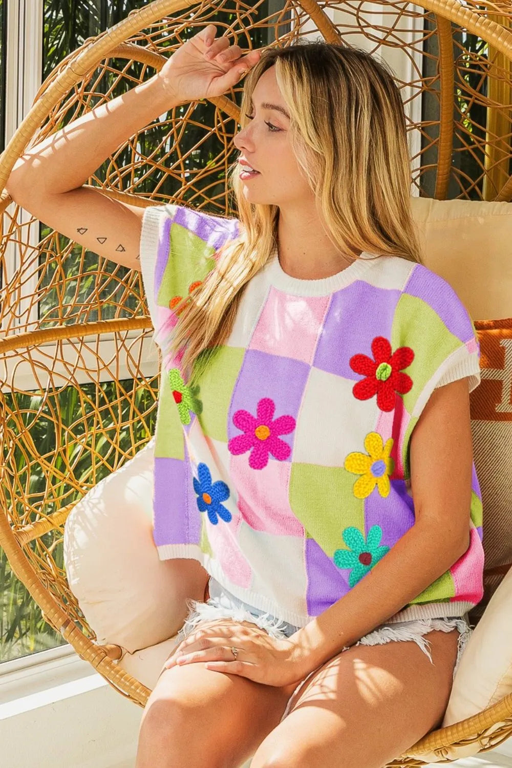BiBi Flower Patch Checkered Sweater Vest - Trendsi | Lola Mariee