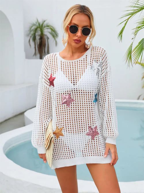 Angel Wings Sequin Star Round Neck Long Sleeve Cover Up | Lola Mariee