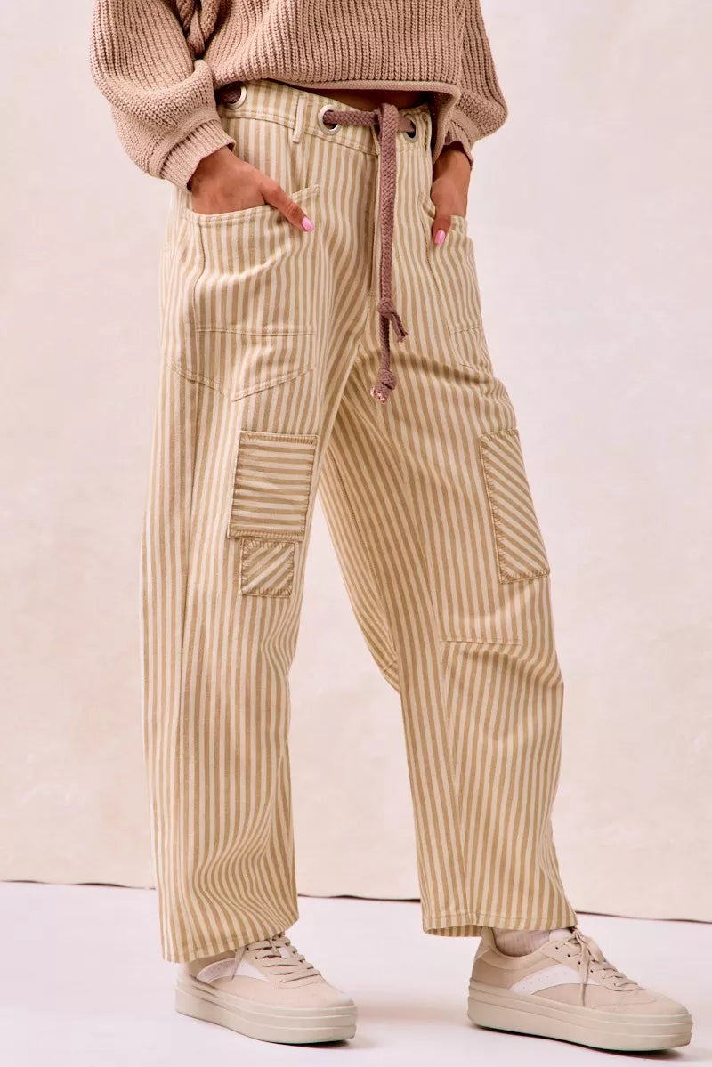 BiBi Drawstring Striped Twill Barrel Pants - Trendsi | Lola Mariee