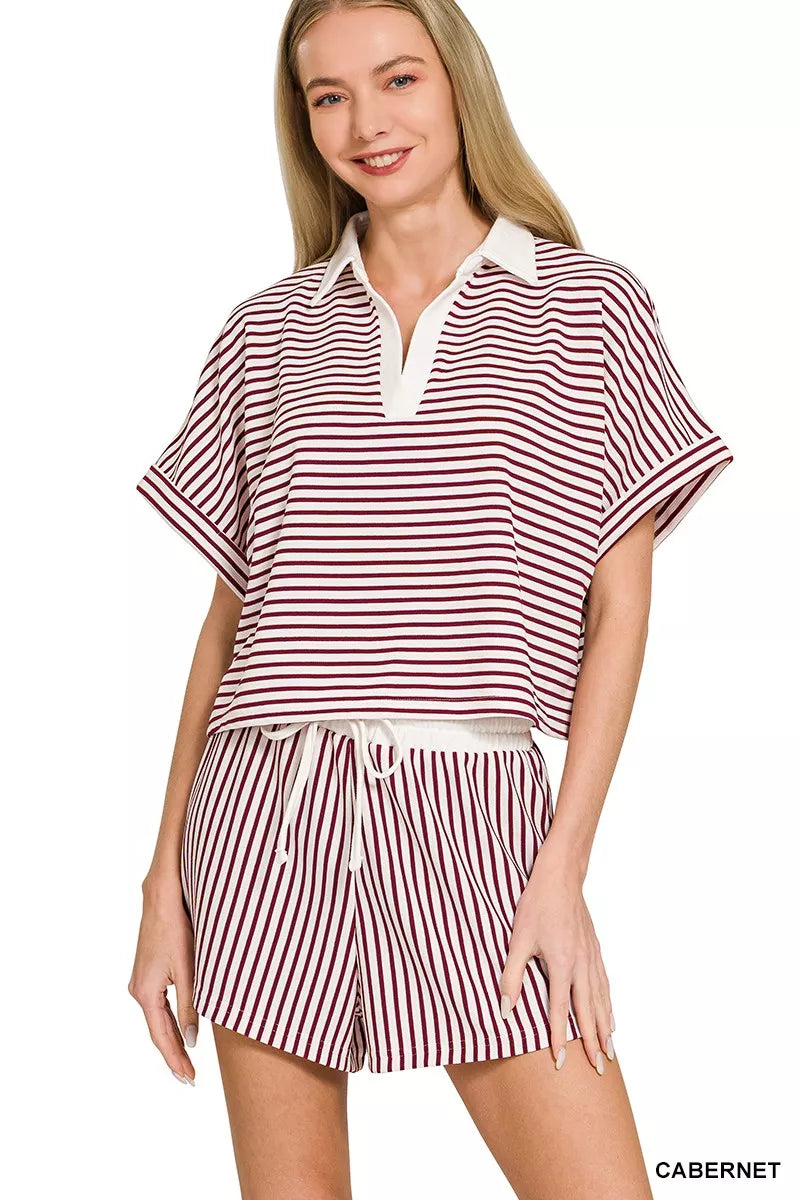 Zenana Striped Collared Top & Shorts Set - women's top at Lola Mariee boutique