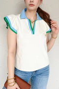 Contrast Ruffled Sleeve Collared V Neck Blouse | Lola Mariee