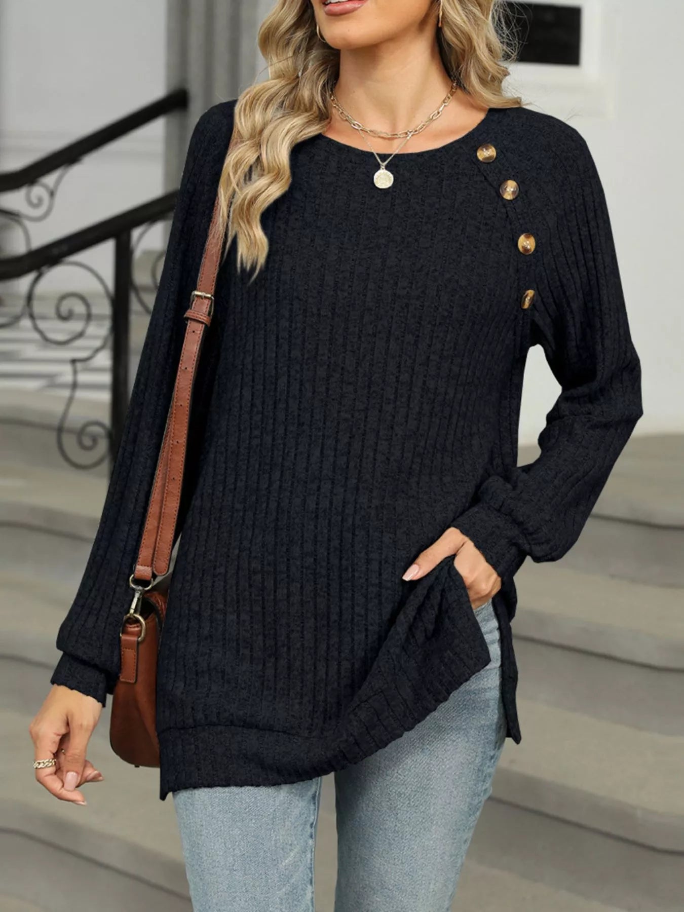 Round Neck Side Slit Ribbed Knit Top with Asymmetric Button Detail - Trendsi | Lola Mariee