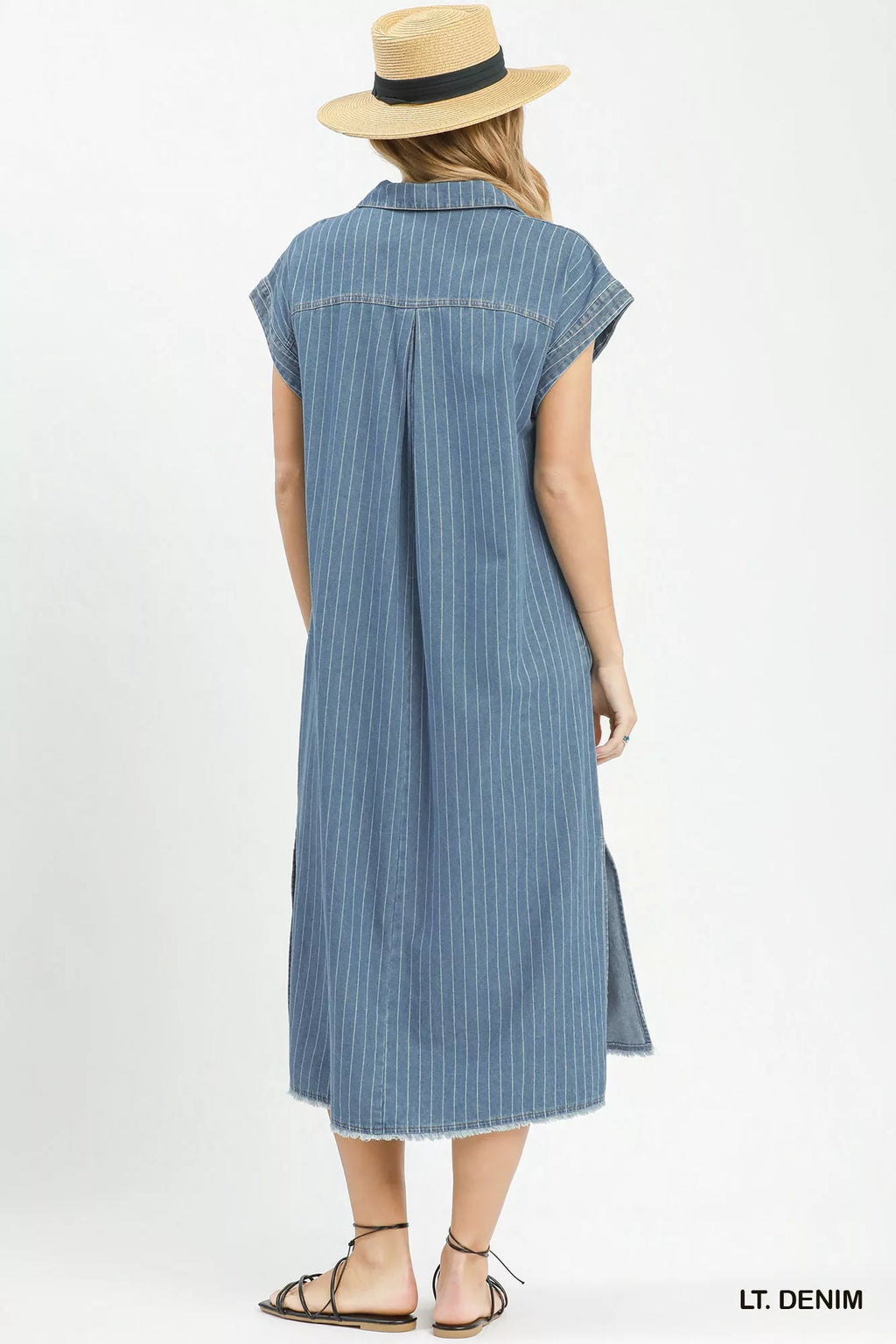 Umgee Pinstripe Denim Collared Midi Dress with Side Slits - Trendsi | Lola Mariee