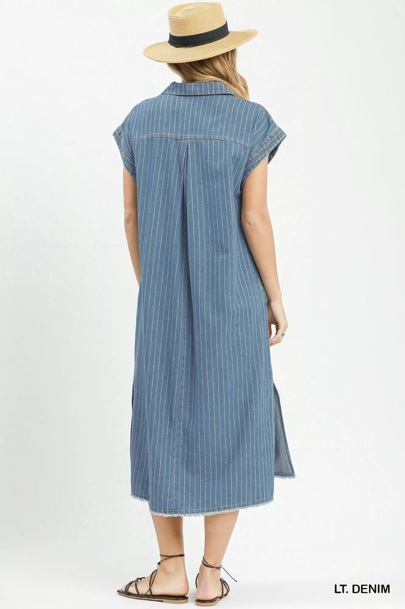 Umgee Pinstripe Denim Collared Midi Dress with Side Slits - Trendsi | Lola Mariee