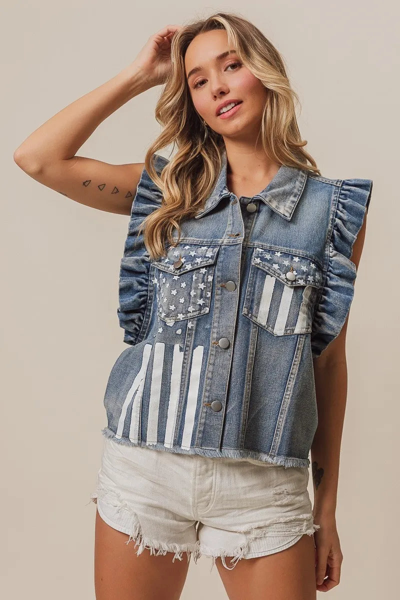 BiBi American Flag Washed Denim Jacket - Trendsi | Lola Mariee