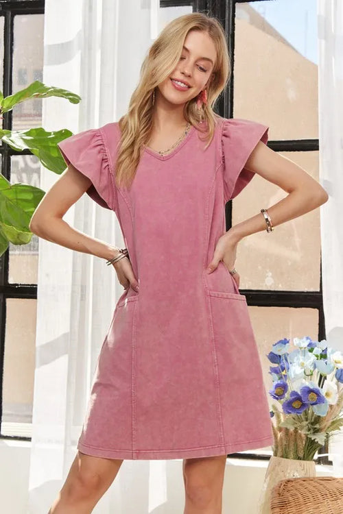 ADORA Mineral Washed V-Neck Ruffled Cap Sleeve Dress – view 2 | Lola Mariee
