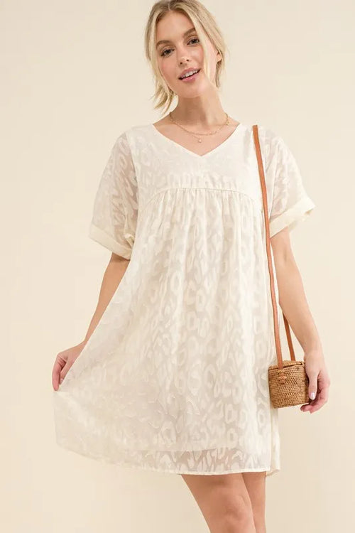 And The Why Woven Leopard Baby Doll Roll-Sleeve Casual Dress | Lola Mariee