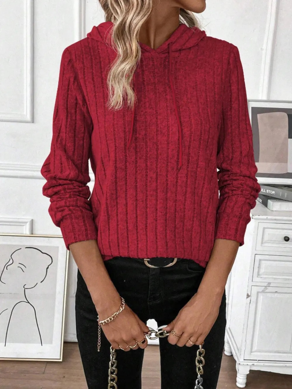 Drawstring Ribbed Long Sleeve Hoodie - Trendsi | Lola Mariee