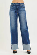 RISEN Mid Rise Wide Straight Jeans With Wide Cuff - women's bottoms at Lola Mariee boutique