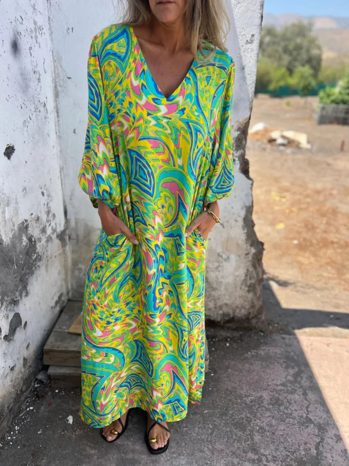 Full Size Printed V-Neck Dress with Pockets Plus Size – view 8 | Lola Mariee