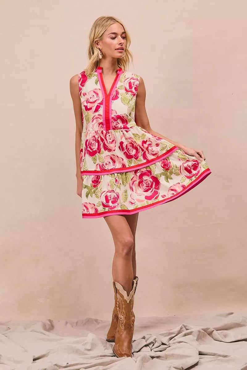 BiBi Floral Woven Contrast Edge Tiered Ruffle Mini Dress – view 6 | Lola Mariee