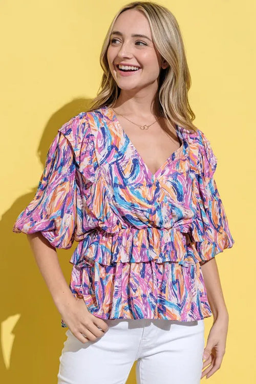 And The Why Printed Lantern Sleeve Blouse | Lola Mariee