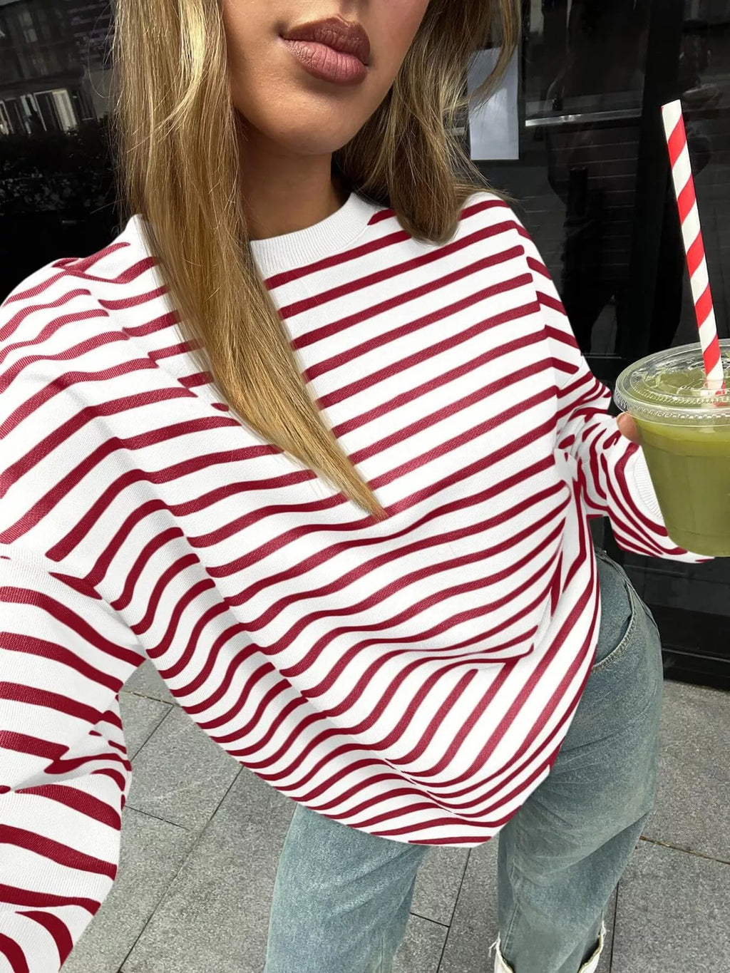 Striped Round Neck Oversized Casual Sweatshirt - Trendsi | Lola Mariee