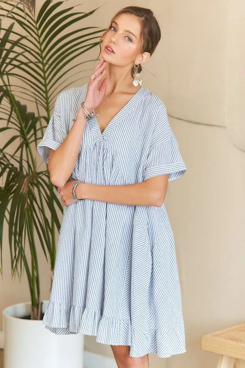 ADORA Ruffled Hem Striped V-Neck Babydoll Dress | Lola Mariee