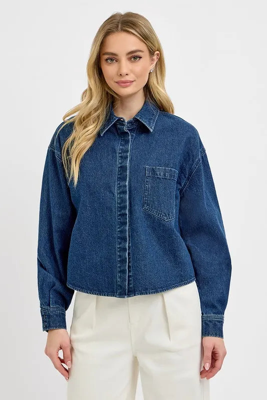 RISEN Button Up Long Sleeve Denim Shacket - LOLA MARIEE | Lola Mariee