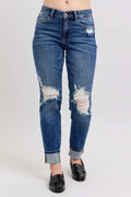 Judy Blue Full Size Mid Rise Boyfriend destroy Jeans with Yoke Pockets and Faux Selvedge Cuff Plus Size - women's bottoms at Lola Mariee boutique