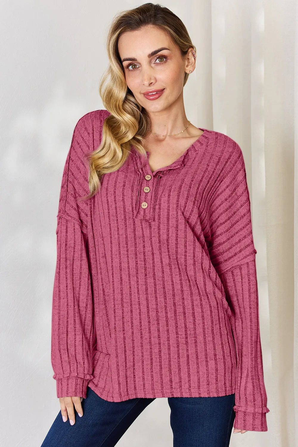 Basic Bae Full Size Ribbed Half Button Long Sleeve T-Shirt | Lola Mariee