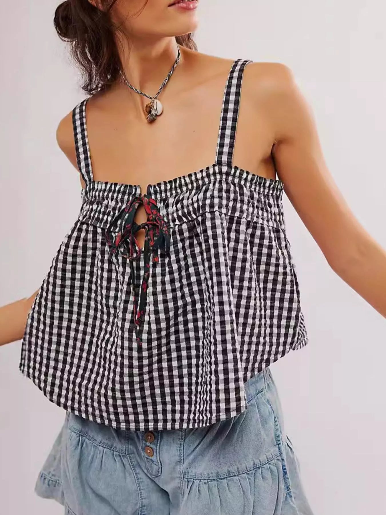 Smocked Gingham Tie-Front Cami – view 4 | Lola Mariee
