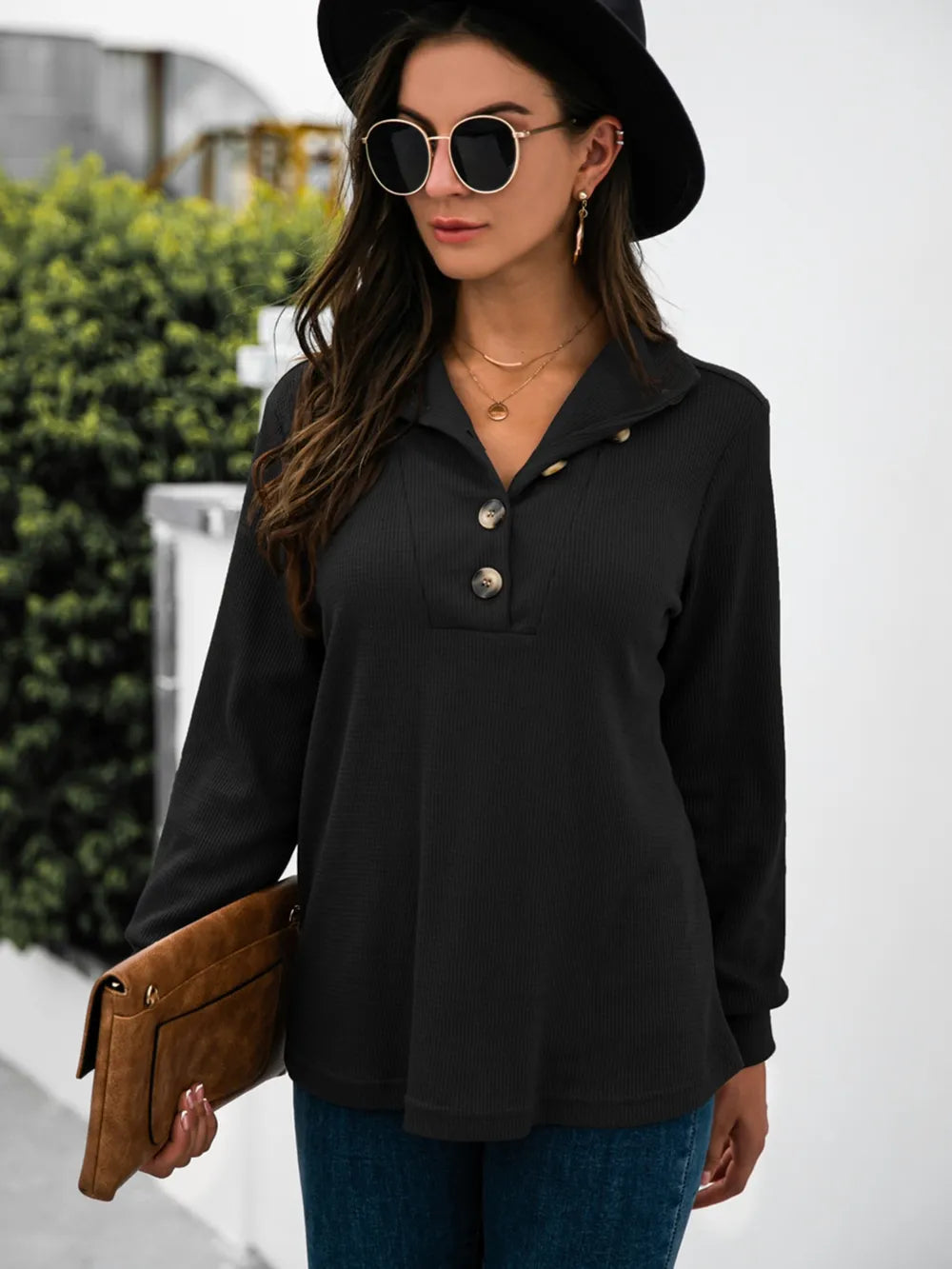 Half Button Long Sleeve T-Shirt - Trendsi | Lola Mariee