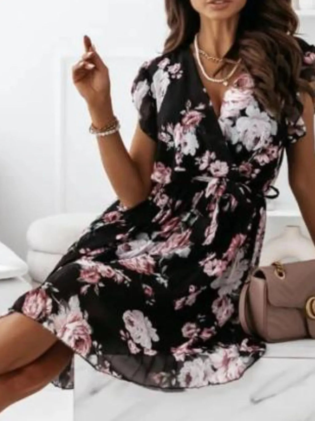 Floral Surplice Ruffled Cap Sleeve Dress - Trendsi | Lola Mariee