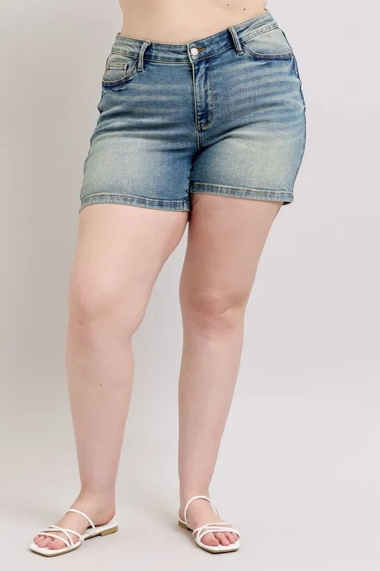 Judy Blue Plus Size V-Front Vintage Wash Shorts | Lola Mariee