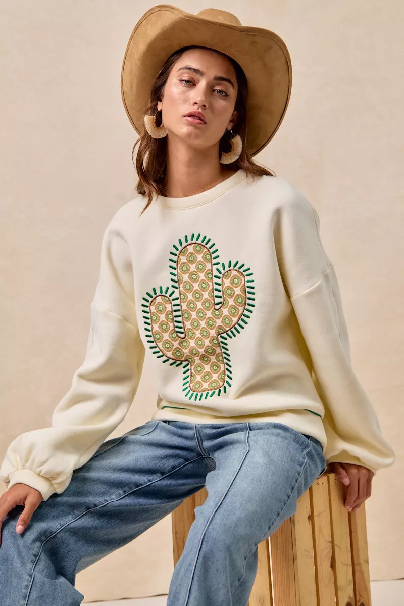 BiBi Cactus Embroidered Fleece Sweatshirt - Trendsi | Lola Mariee