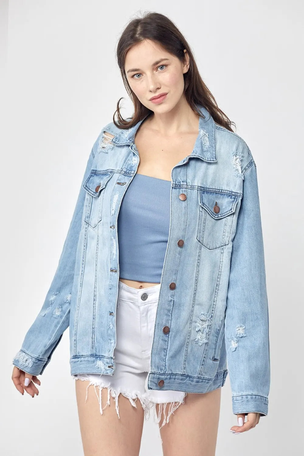 RISEN Full Size Distressed Long Sleeve Denim Jacket Plus Size - LOLA MARIEE | Lola Mariee