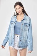 RISEN Full Size Distressed Long Sleeve Denim Jacket Plus Size - LOLA MARIEE | Lola Mariee