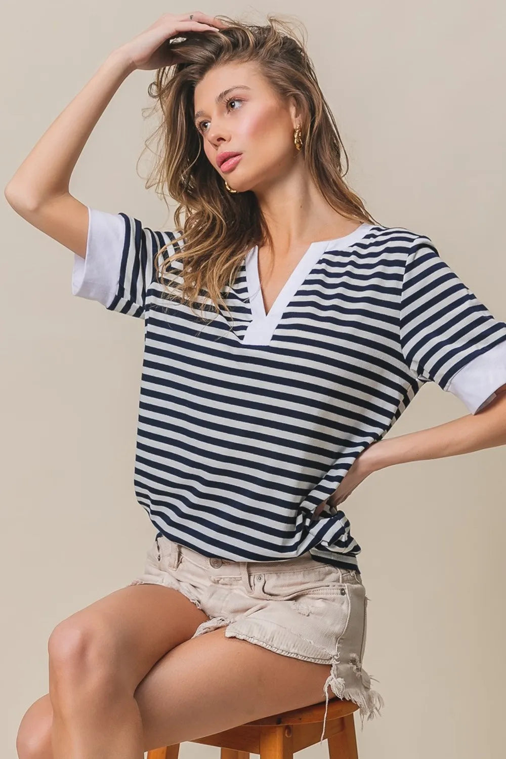 BiBi Contrast Striped Notched Knit Top - Trendsi | Lola Mariee