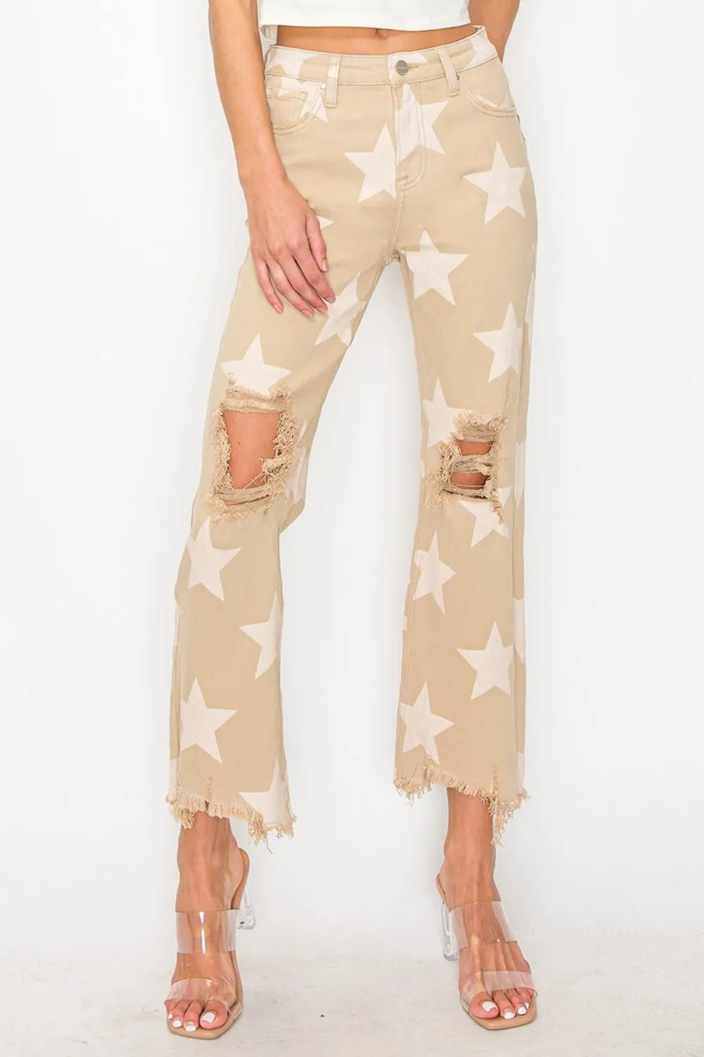 RISEN Full Size High Rise Star Printed Frayed Hem Jeans - women's bottoms at Lola Mariee boutique