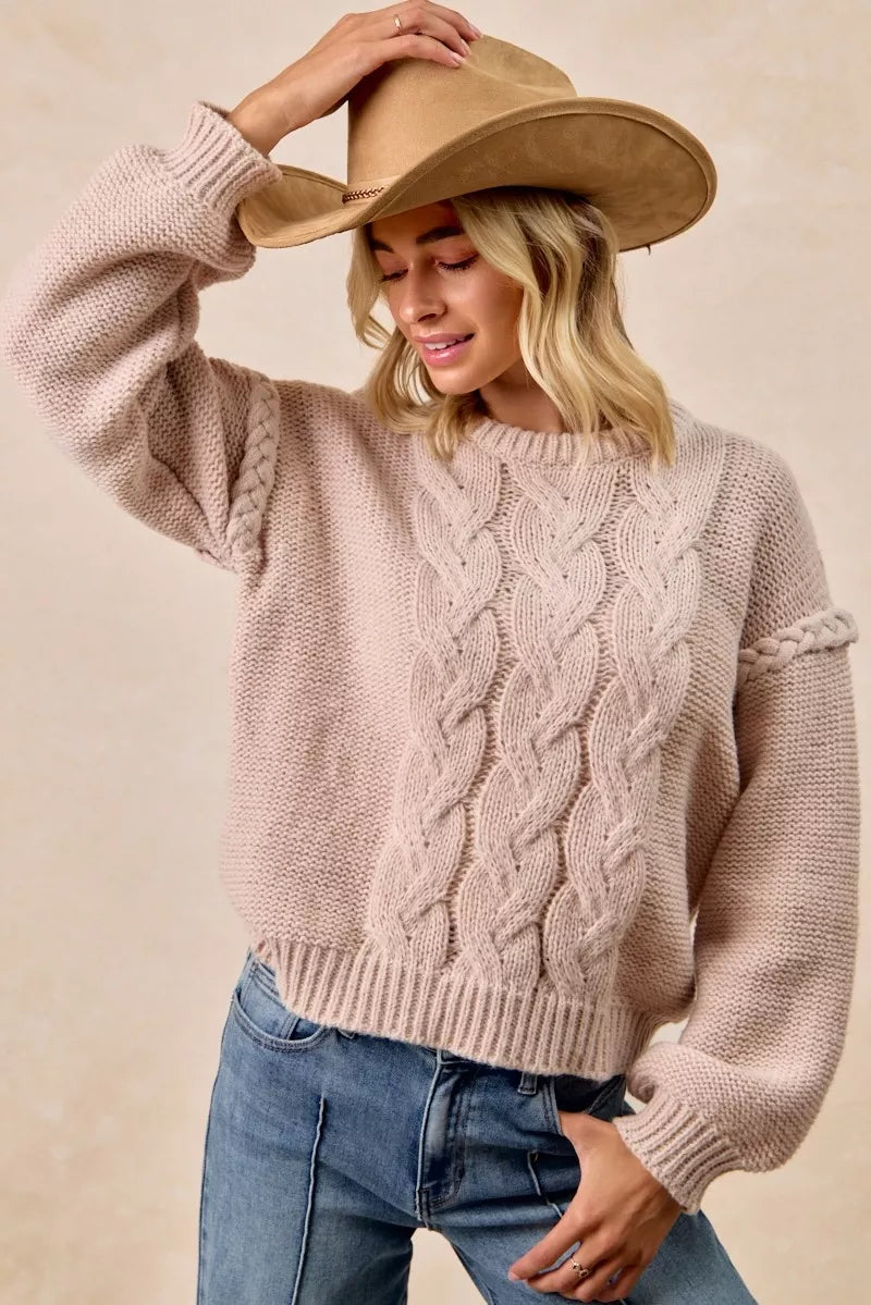 BiBi Cable Knit Sweater with Shoulder Braid Detail - Trendsi | Lola Mariee