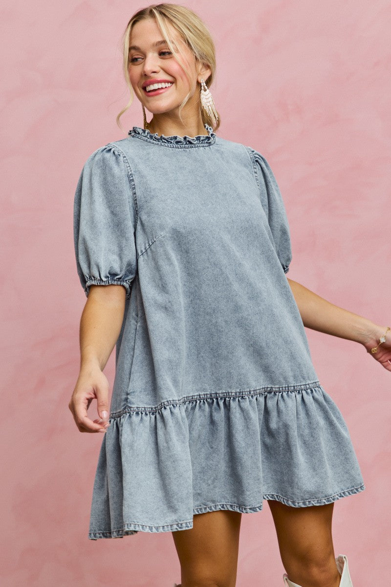 SO ME Denim Short Sleeves Mini Tiered Dress - Trendsi | Lola Mariee