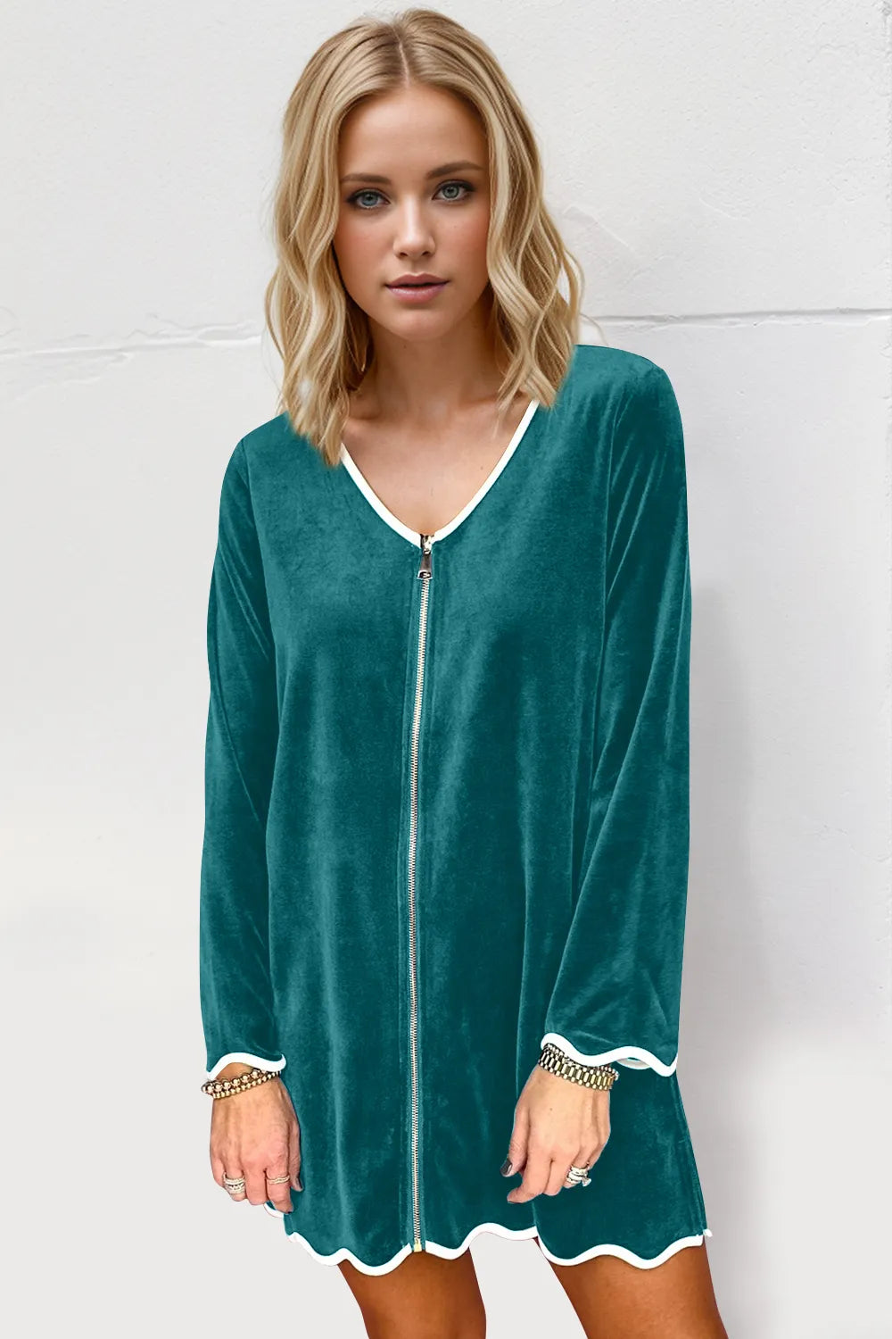 Double Take Wave Contrast Trim V-Neck Zip Up Long Sleeve Mini Dress – view 6 | Lola Mariee