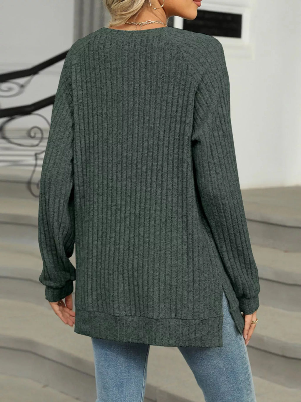Round Neck Side Slit Ribbed Knit Top with Asymmetric Button Detail - Trendsi | Lola Mariee