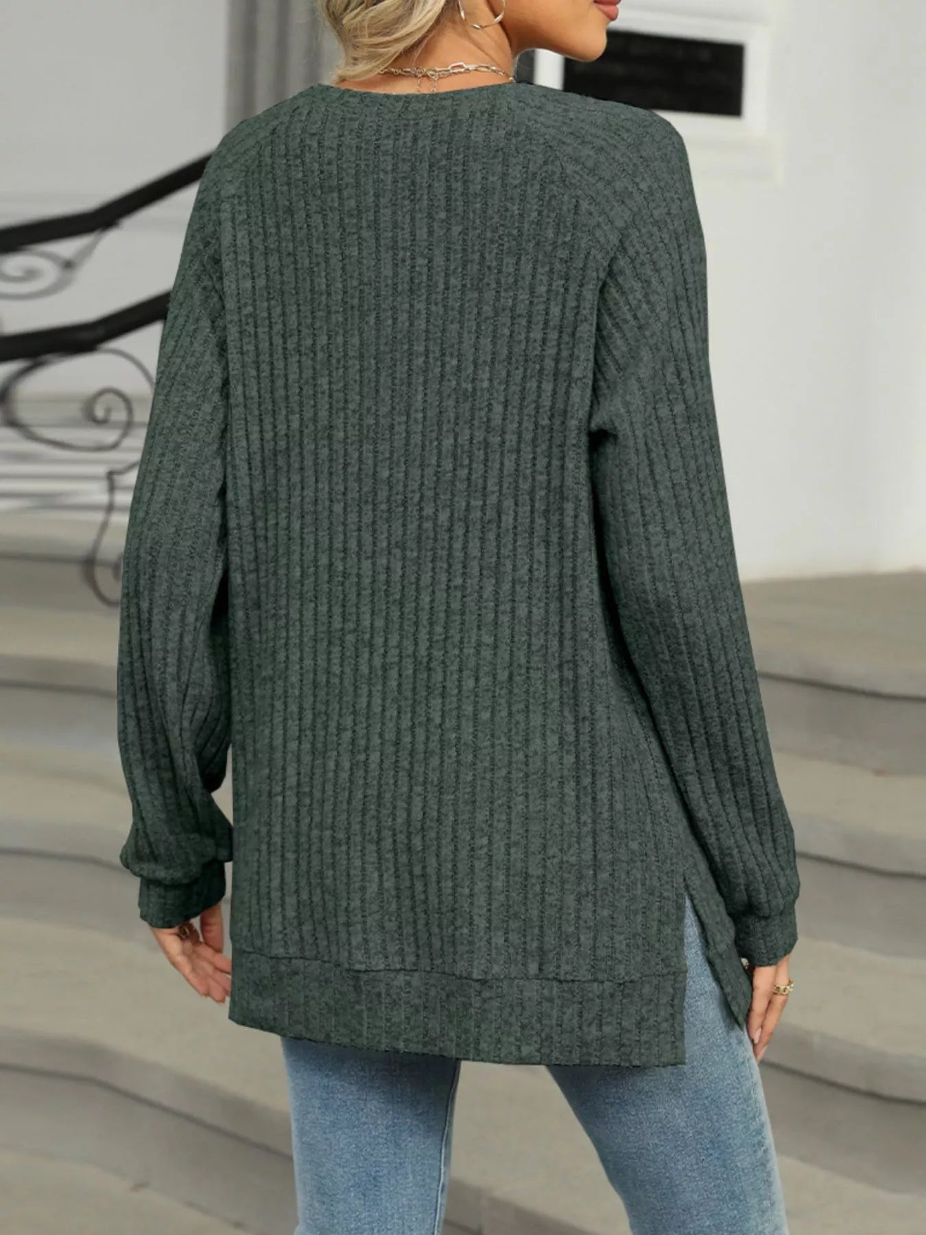 Round Neck Side Slit Ribbed Knit Top with Asymmetric Button Detail - Trendsi | Lola Mariee