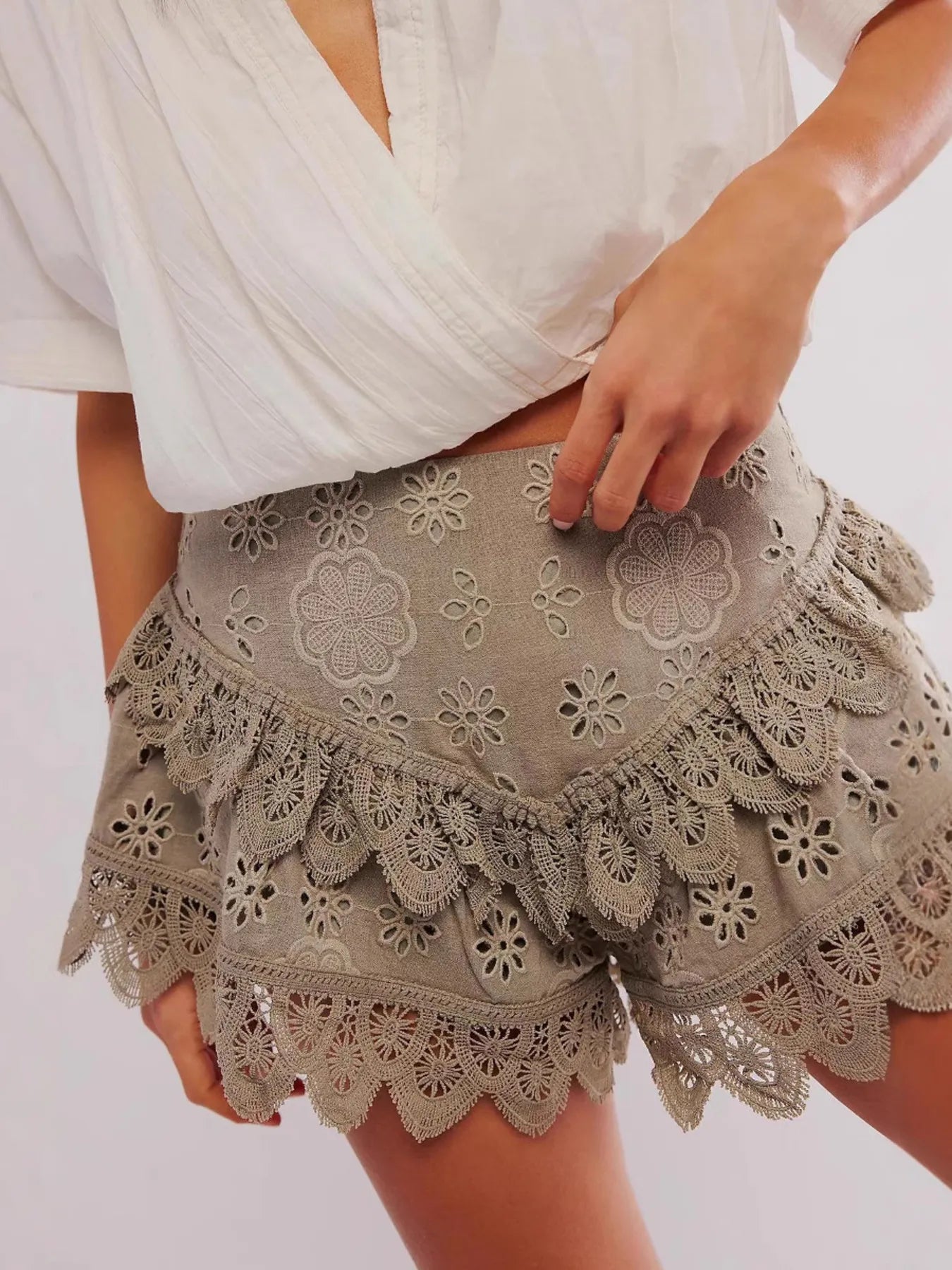 Lace Eyelet Ruffle Hem Shorts – view 4 | Lola Mariee