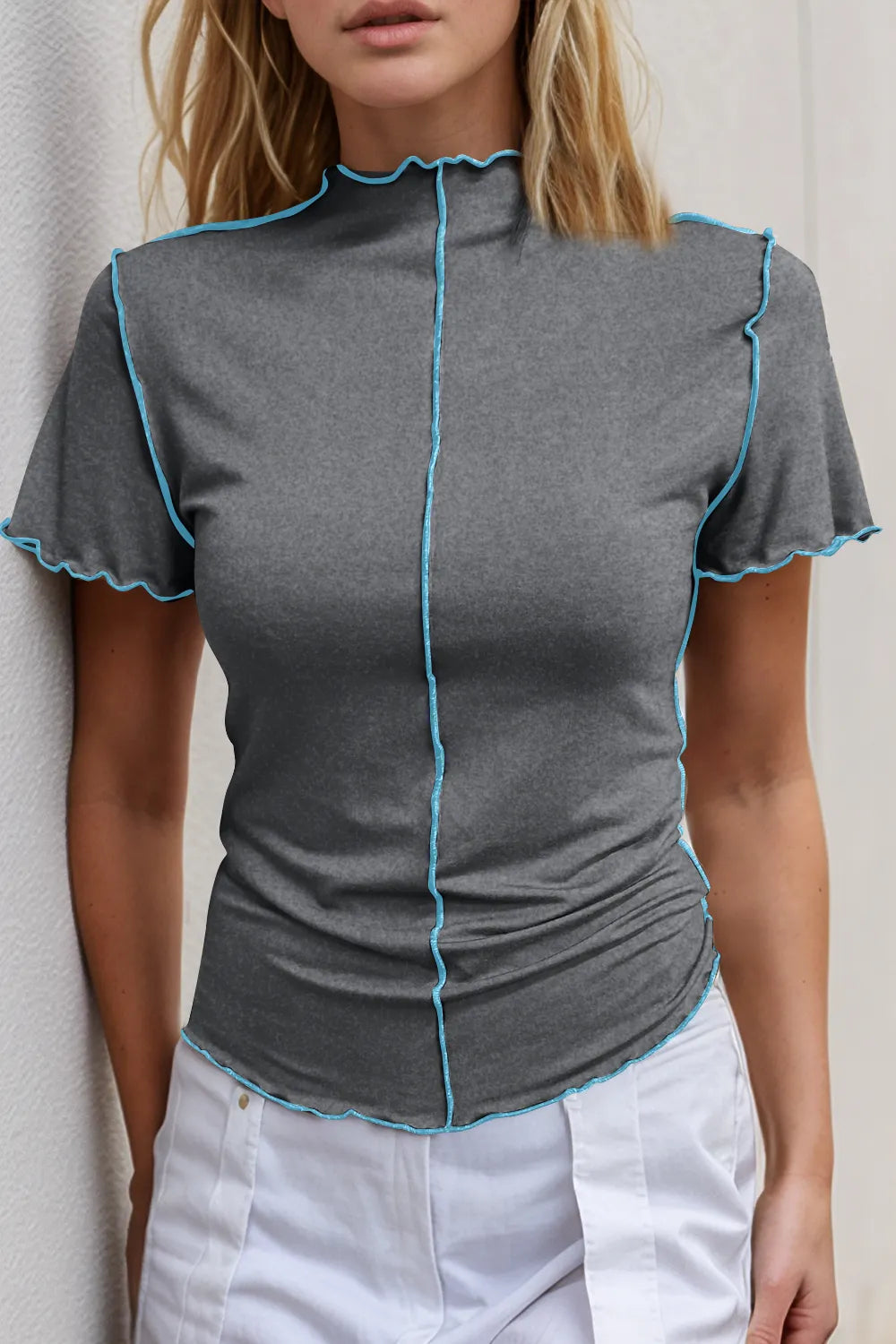 Basic Bae Contrast Trim Mock Neck Short Sleeve T-Shirt – view 8 | Lola Mariee