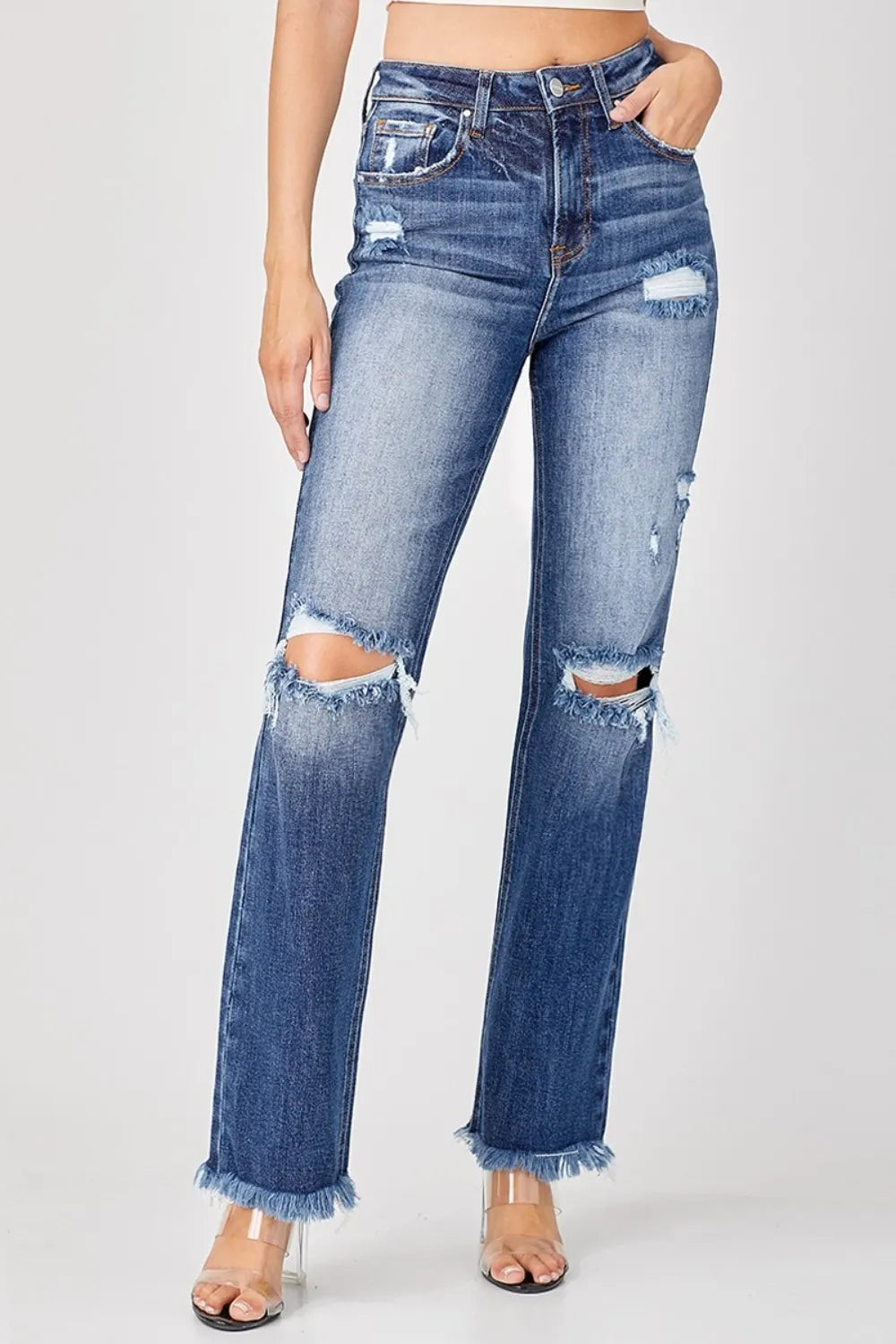 Risen Full Size Raw Hem Distressed Straight Jeans - women's bottoms at Lola Mariee boutique