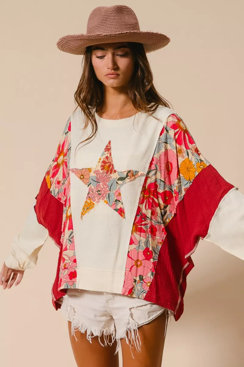 BiBi Floral Print Mixed Star Patch Round Neck Sweatshirt - Trendsi | Lola Mariee
