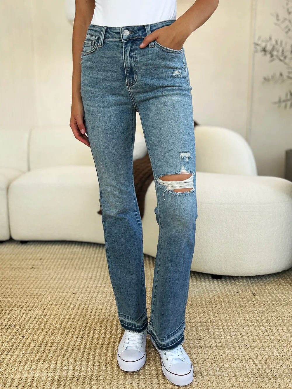 Judy Blue Full Size Mid Rise Destroyed Hem Distressed Jeans - women's bottoms at Lola Mariee boutique