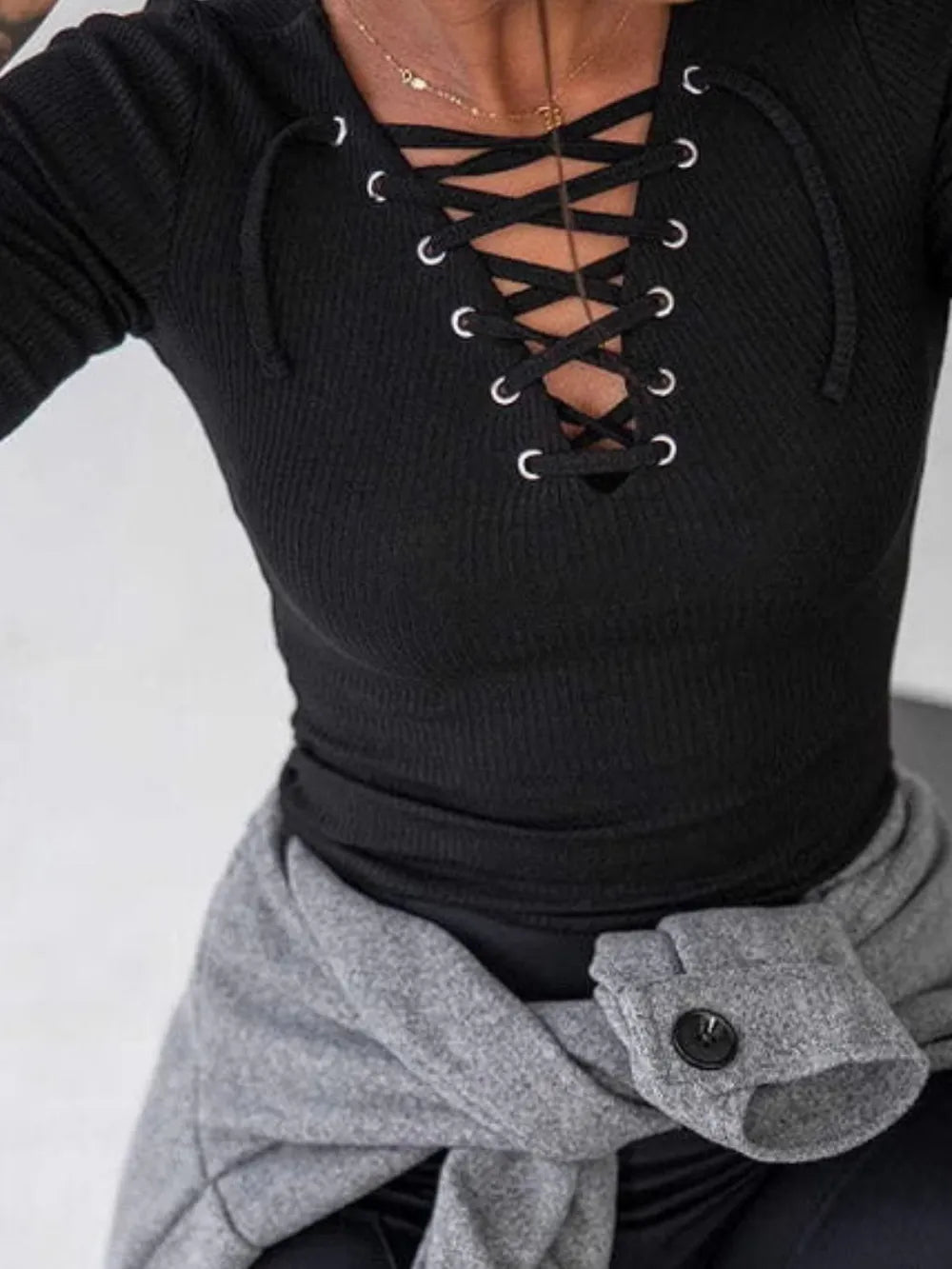 Lace Up Long Sleeve T-Shirt - Trendsi | Lola Mariee