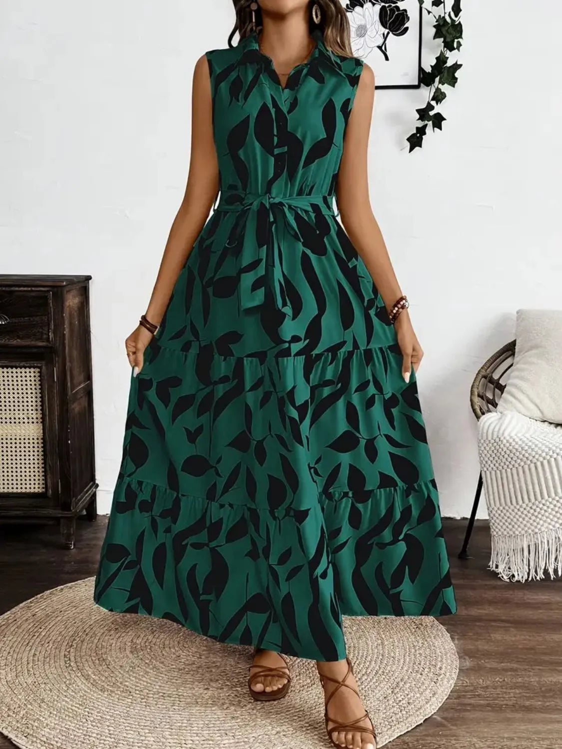 Printed Tie Waist Sleeveless Maxi Dress – view 6 | Lola Mariee
