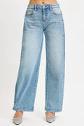 RISEN Mid Rise Wide Barrel Transferable Leg Snap Jeans - women's bottoms at Lola Mariee boutique