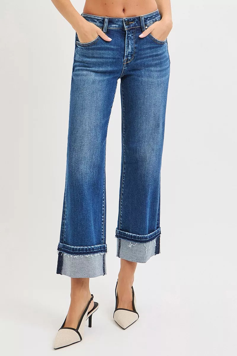 RISEN Mid Rise Ankle Straight Jeans with Cuffed Hem - women's bottoms at Lola Mariee boutique